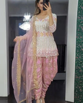 Ready To Wear White & Pink Pure Georgette Embroidery Work Dhoti Suit With Dupatta